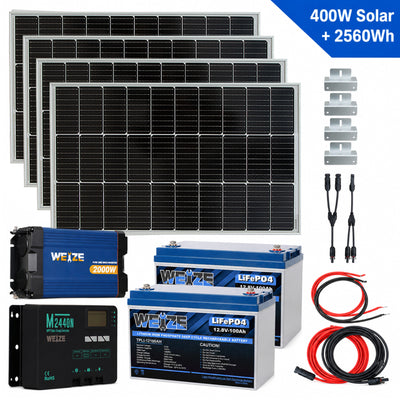 WEIZE 400W 12V Complete Off‑Grid Solar 2560Wh Extended Runtime Kit with MPPT Controller, 2000W Inverter & 2*100Ah Battery
