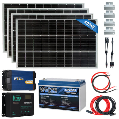 WEIZE 400W 12V Complete Off‑Grid Solar Starter Kit | with 100Ah LiFePO4 Battery, 40A MPPT Controller & 2000W Pure Sine Wave Inverter
