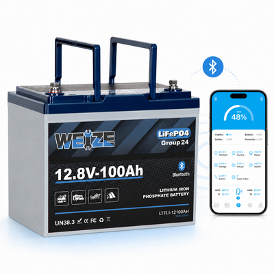 WEIZE 12V 100Ah Bluetooth Group 24 LiFePO4 Battery,Low Temp Protection With 10-Year Warranty