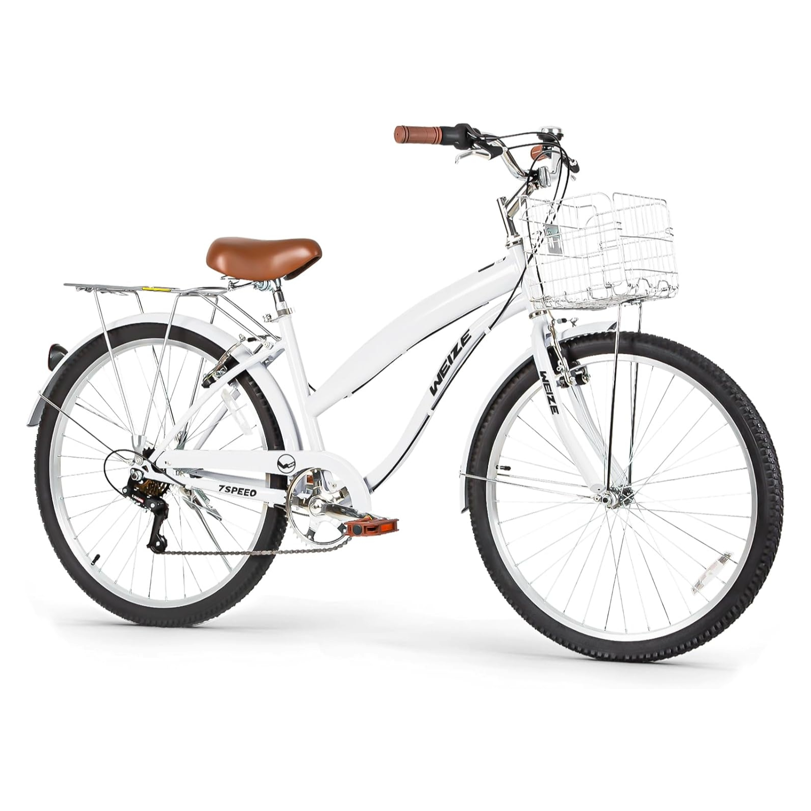 WEIZE 26-Inch White Beach Cruiser Bike – 7-Speed Commuter Bicycle for