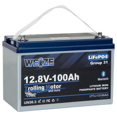 WEIZE 12V 100Ah Group 31 Bluetooth LiFePO4 Battery, Low Temp Protection for Trolling Motors, RV, Marine & Solar