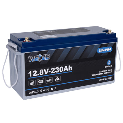 WEIZE 12V 230Ah Bluetooth LiFePO4 Battery, 200A BMS, 2.944kWh Deep Cycle Lithium Battery for RV, Solar, Marine & Trolling Motor