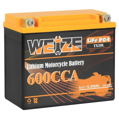 Weize YTX20L-BS Lithium Motorcycle Battery, 12V 8AH 600A Group 20 LiFePO4 Powersport Battery