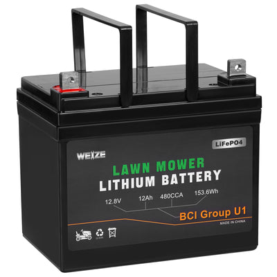 WEIZE 480CCA Lawn Mower Battery, 12.8V 12Ah LiFePO4 BCI Group U1 Lithium Battery, Compatible with John Deere, Toro, Cub Cadet, and Craftsman