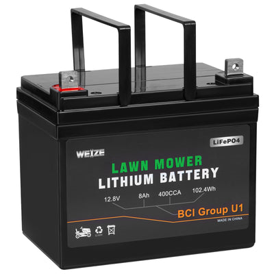 WEIZE 400CCA Lawn Mower Battery, 12.8V 8Ah LiFePO4 BCI Group U1 Lithium Battery, Compatible with John Deere, Toro, Cub Cadet, and Craftsman