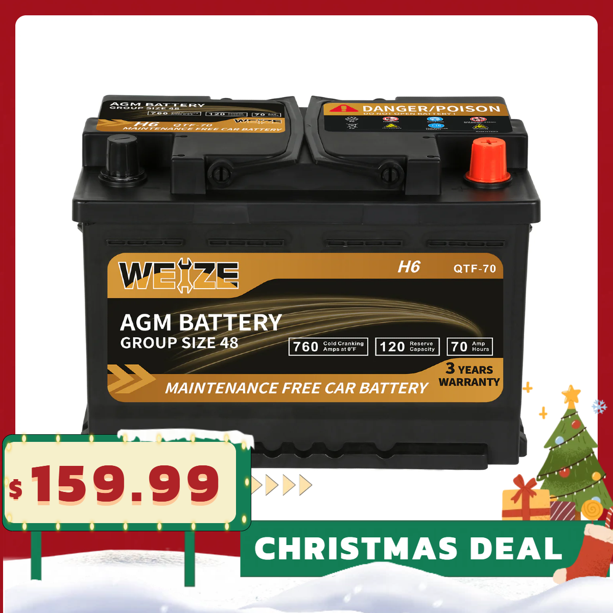 WEIZE Wise Series Group 48 AGM Car Battery - 12V 70Ah H6 Automotive Replacement Battery