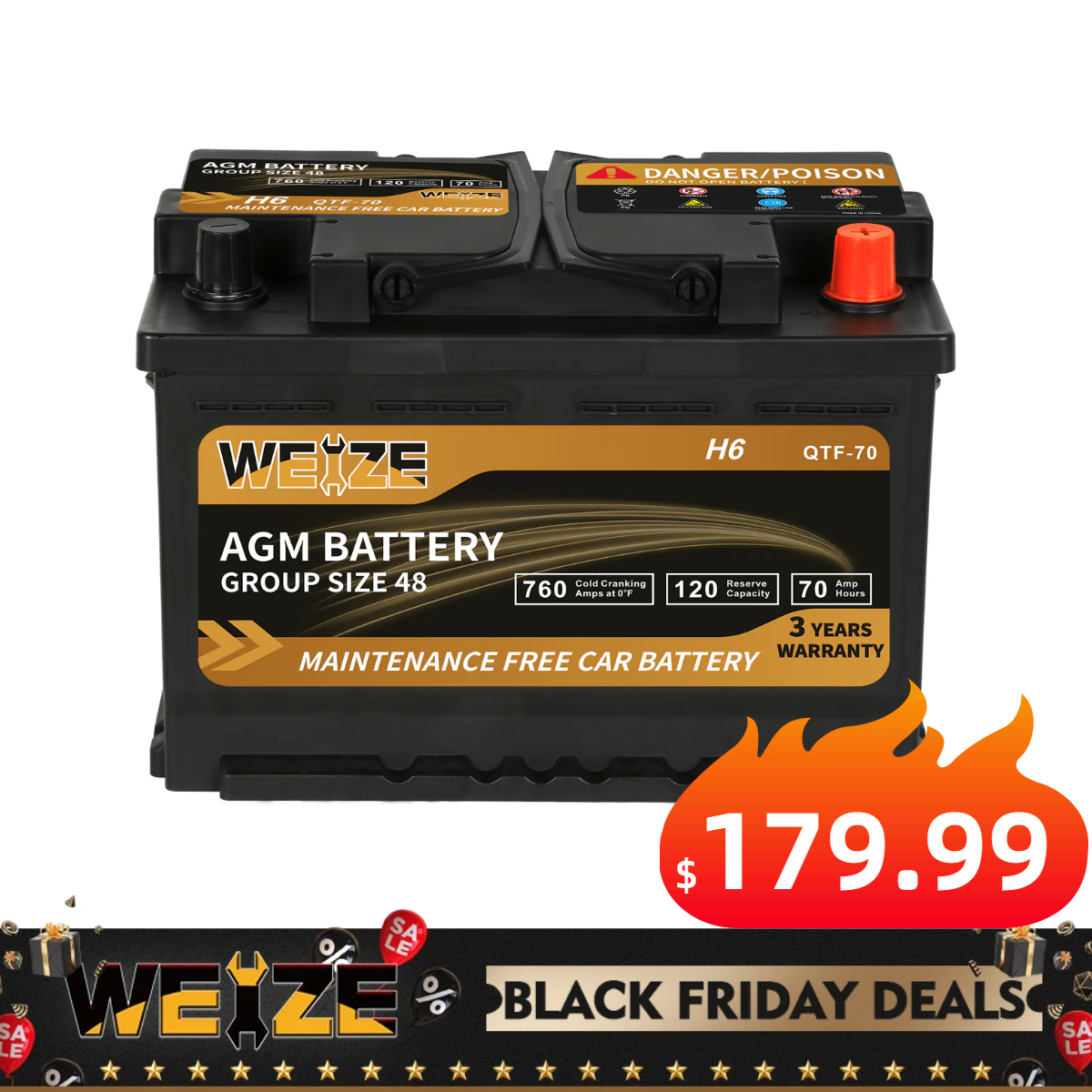 WEIZE Wise Series Group 48 AGM Car Battery - 12V 70Ah H6 Automotive Replacement Battery