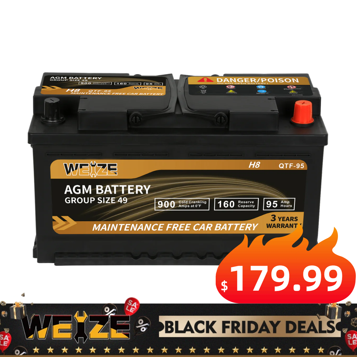 WEIZE Wise Series Group 49 AGM Car Battery - 12V 95Ah H8 Automotive Replacement Battery