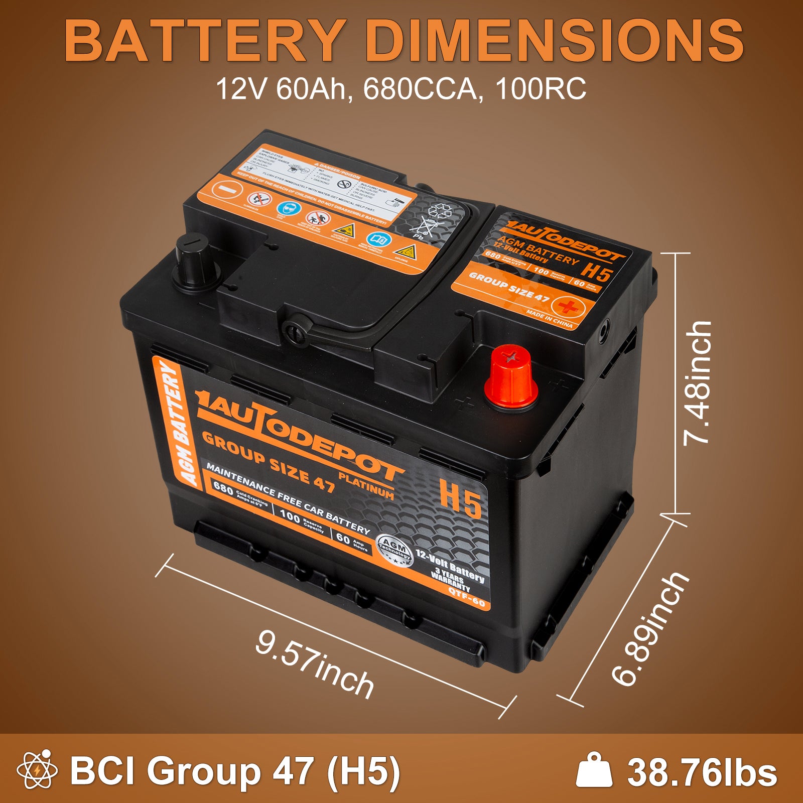 47 Battery 1AUTODEPOT BCI Group 47 AGM Car Battery, H5 12V 60Ah 100RC 680CCA – WEIZE