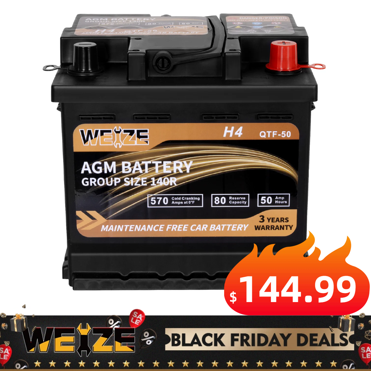 WEIZE Wise Series Group 140R AGM Car Battery - 12V 50Ah H4 Automotive Replacement Battery