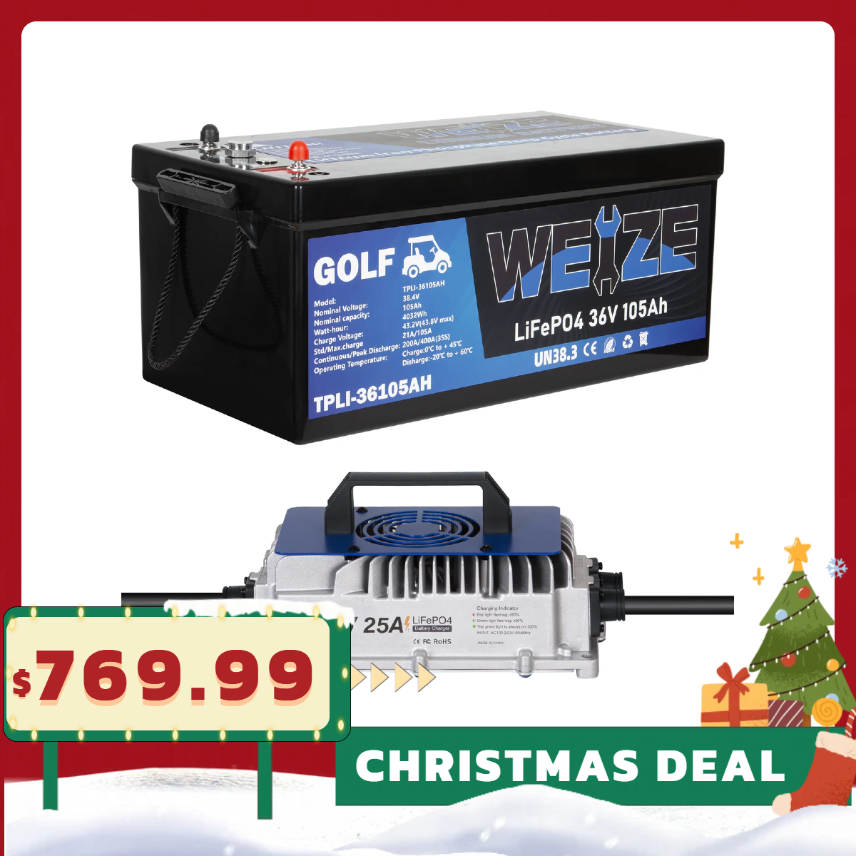 WEIZE 36V 105Ah LiFePO4 Golf Cart Battery: 4032Wh Bluetooth Lithium, 8000+ Cycles, 200A BMS, 10-Year Warranty, Includes Charger