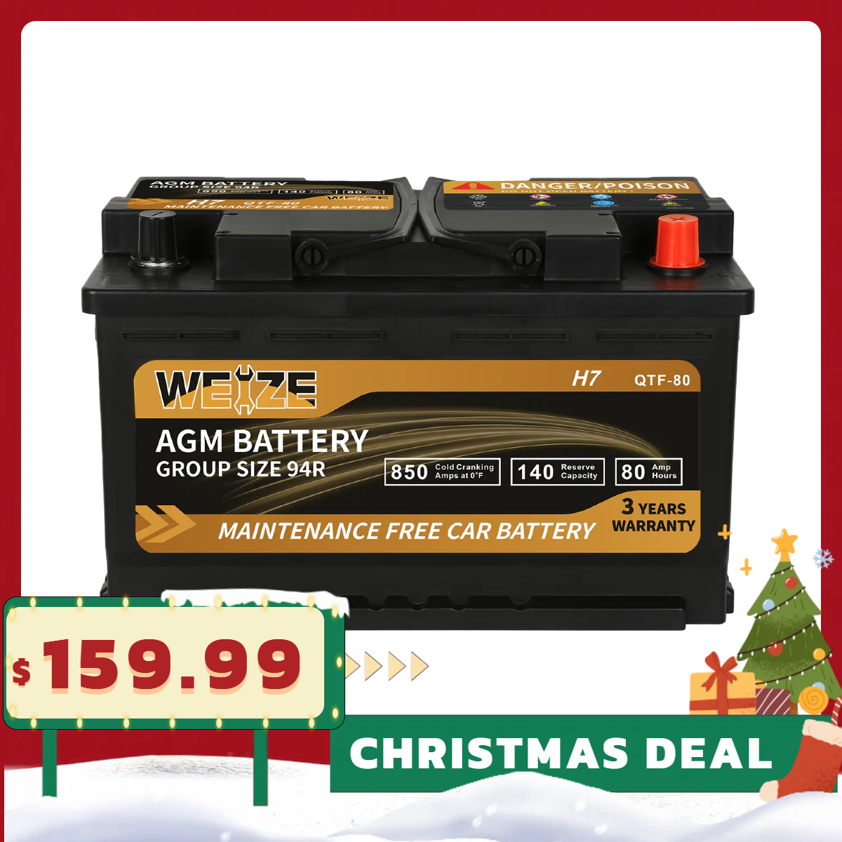 WEIZE Wise Series 94R AGM Car Battery BIC 12V 80Ah H7 Automotive Replacement Battery