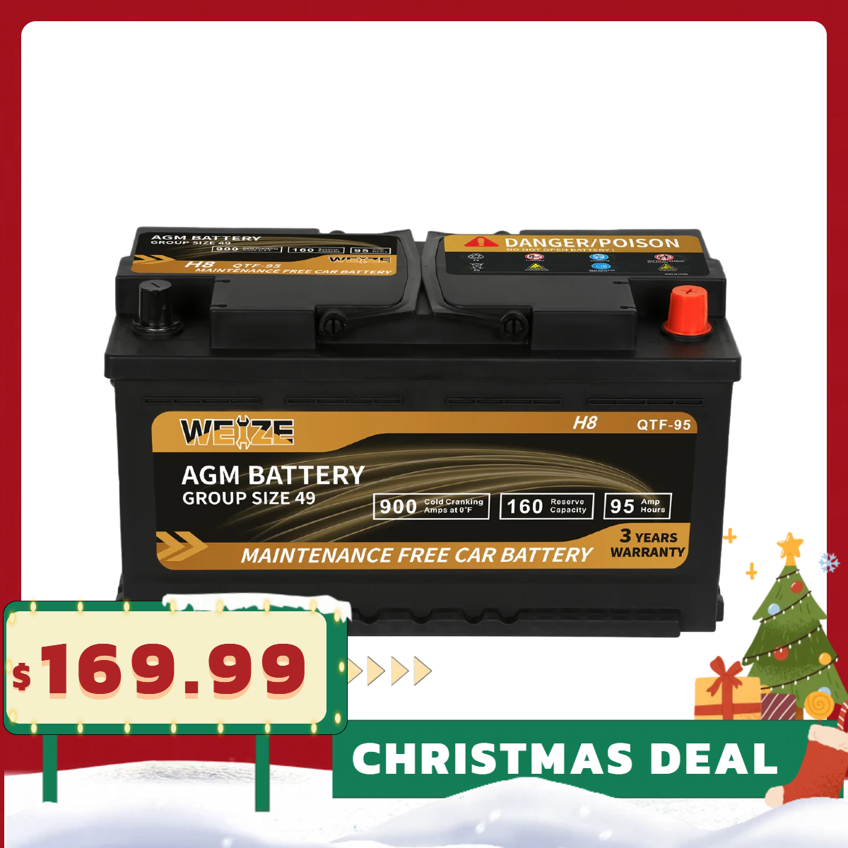WEIZE Wise Series Group 49 AGM Car Battery - 12V 95Ah H8 Automotive Replacement Battery