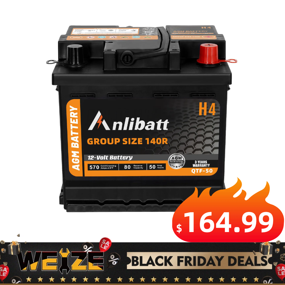 Anlibatt BCI Group 140R Battery, AGM 12 Volt Rechargeable Automotive Batteries for Car, H4 570CCA 50Ah 80RC, Maintenance Free
