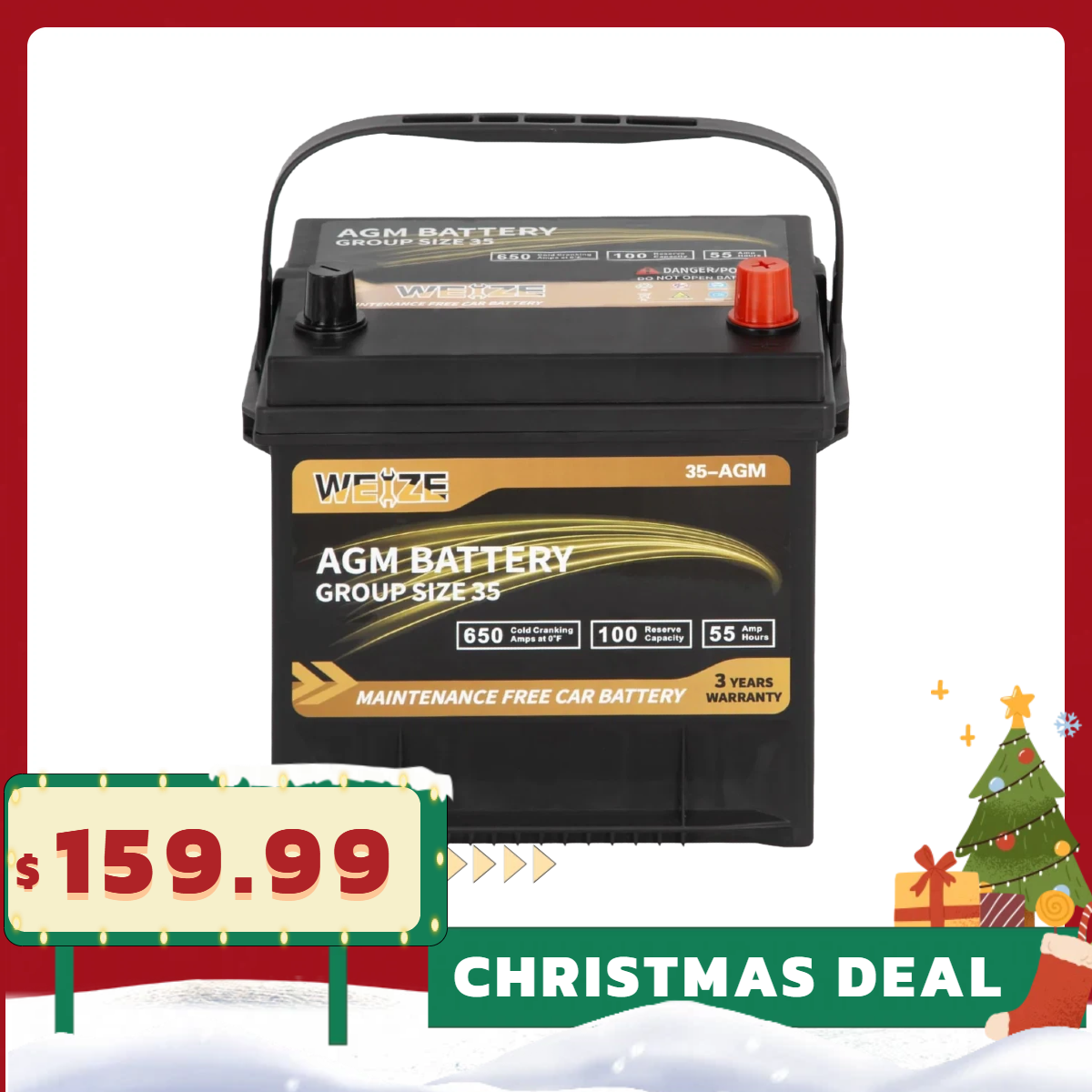 WEIZE Wise Series Group 35 AGM Car Battery - 12V 55Ah 650CCA Automotive Replacement Battery