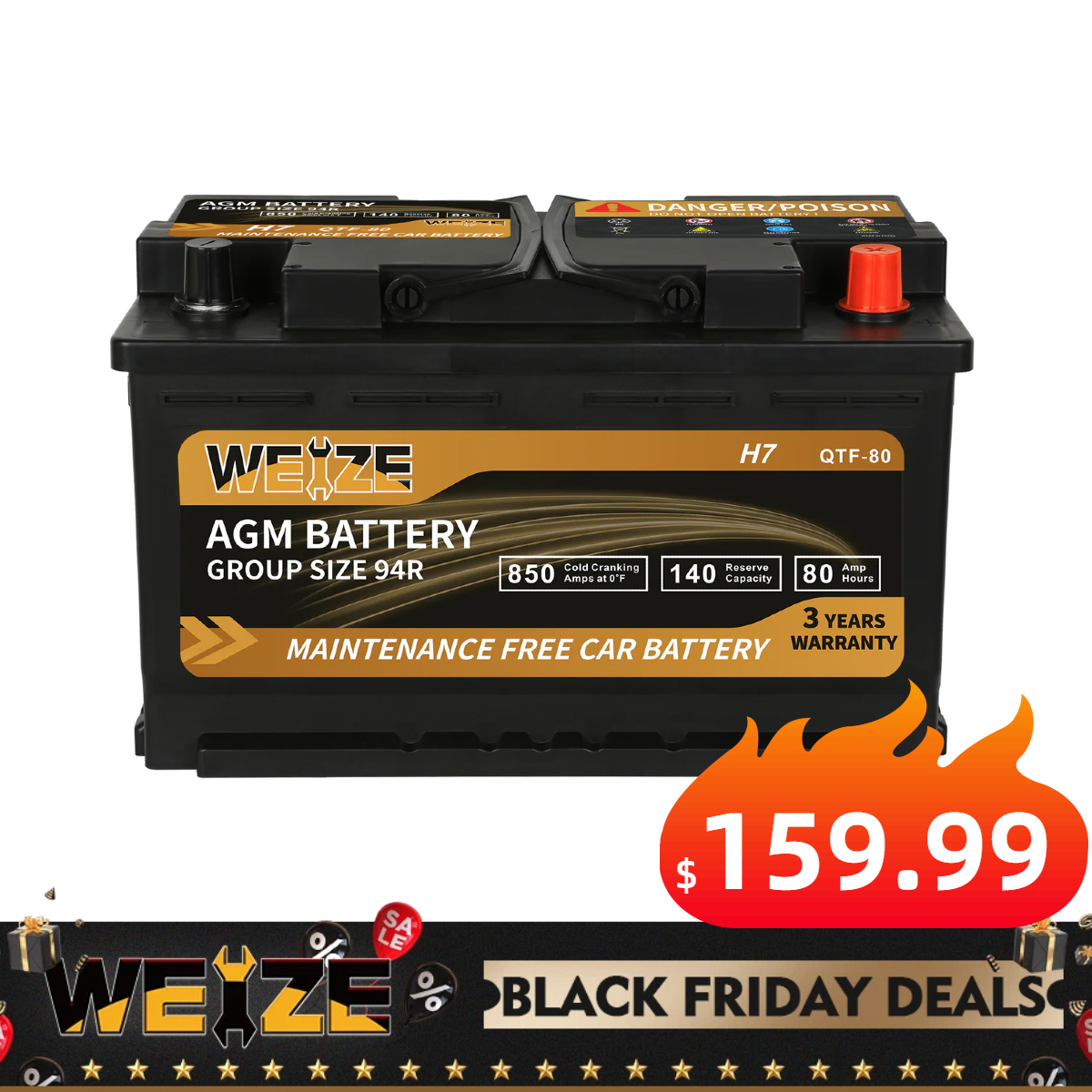 WEIZE Wise Series 94R AGM Car Battery BIC 12V 80Ah H7 Automotive Replacement Battery
