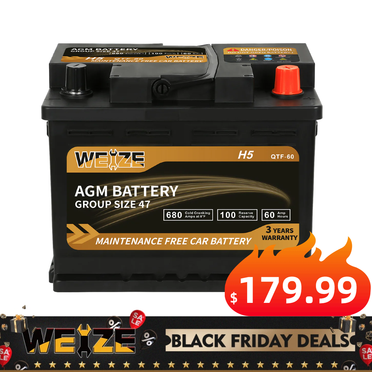 WEIZE Wise Series Group 47 AGM Car Battery - 12V 60Ah H5 Automotive Replacement Battery