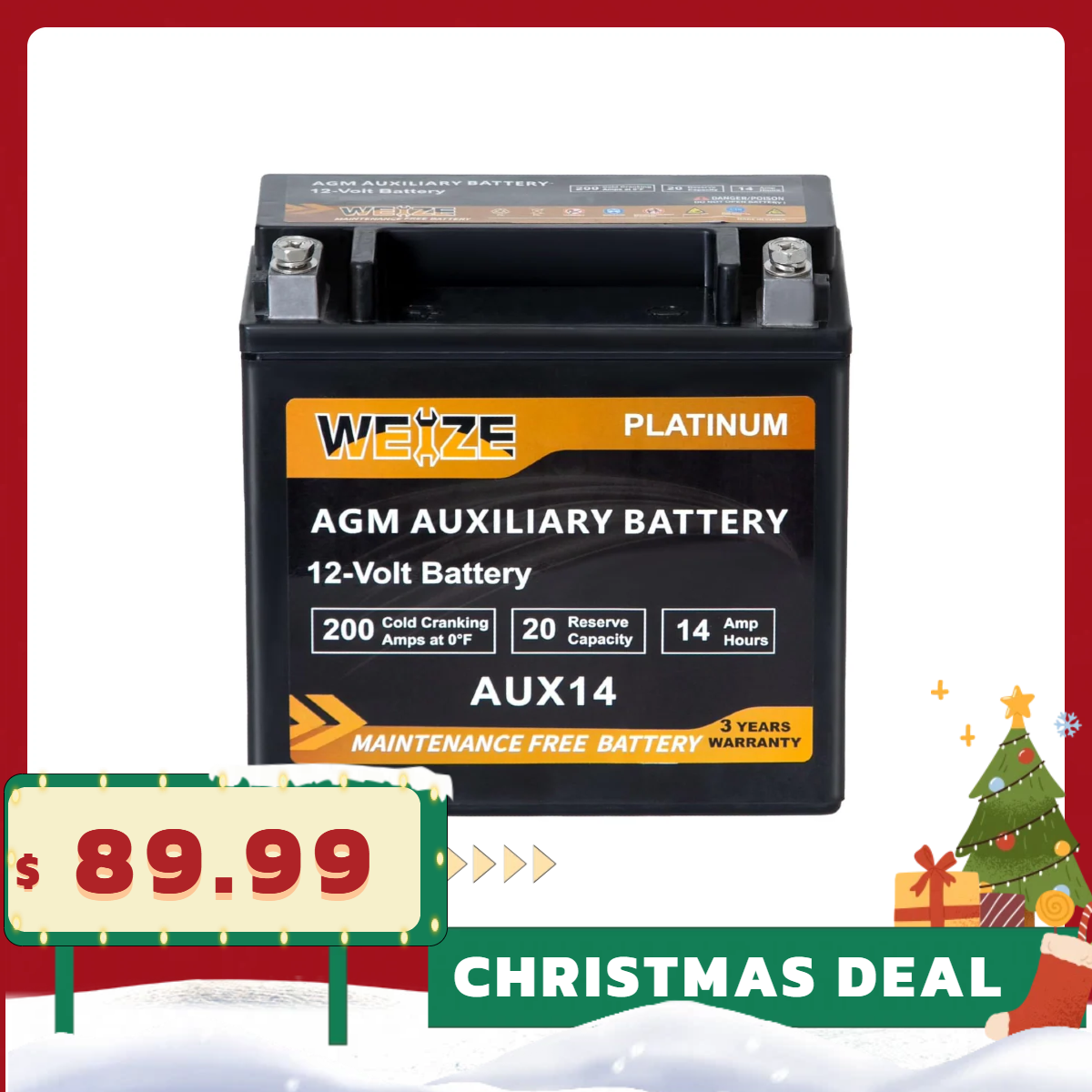 WEIZE Wise Series AGM AUX14 Auxiliary Battery, BCI Group 400, 200CCA Automotive Battery