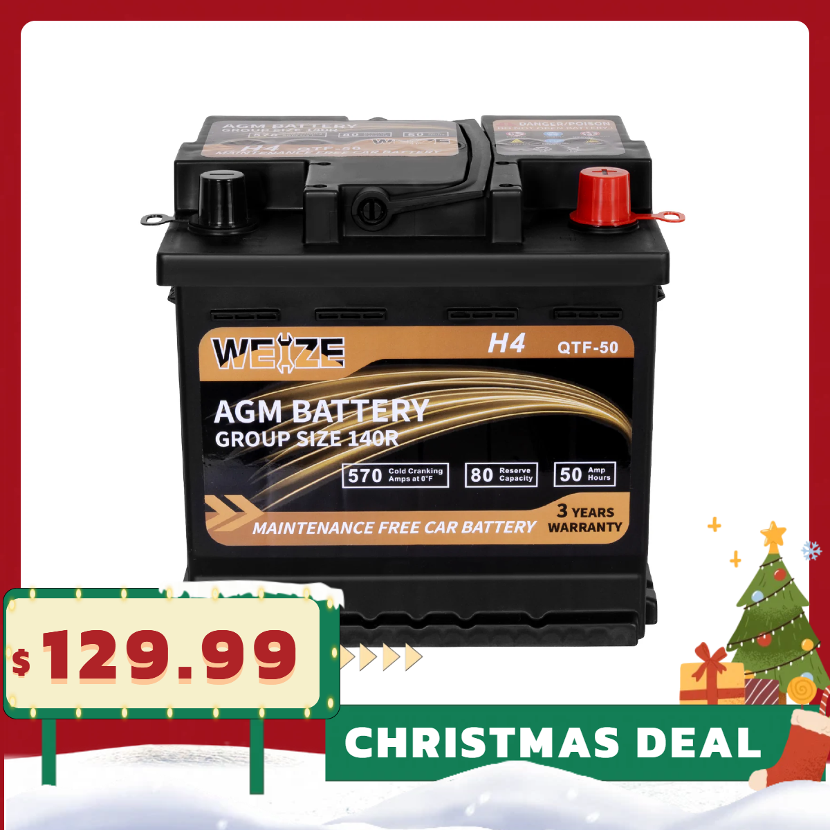 WEIZE Wise Series Group 140R AGM Car Battery - 12V 50Ah H4 Automotive Replacement Battery