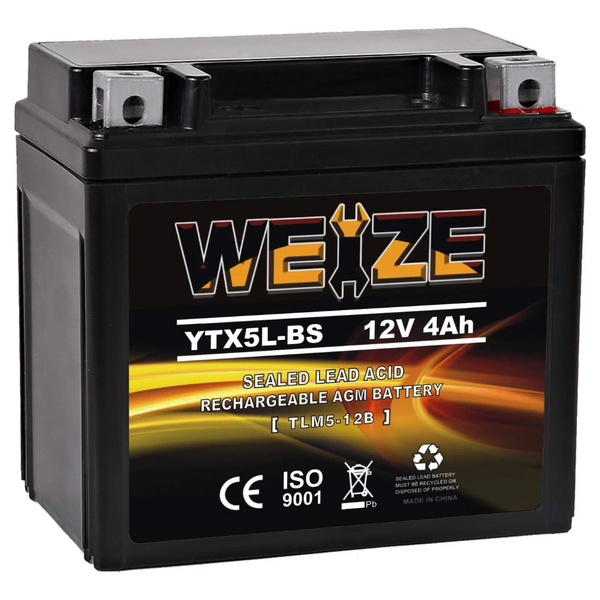 WEIZE YTX5L-BS 12V 4Ah High Performance - Maintenance Free - Sealed AGM Motorcycle CTX5L Battery compatible with Honda YUASA Yamaha ETX5L-BS Batteries WEIZE