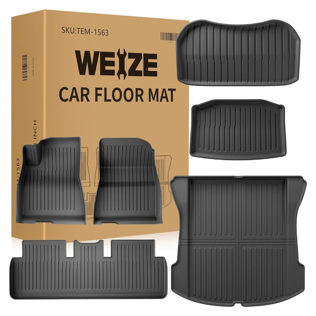 Floor Mats for Tesla Model 3 5-Seat 2021-2023 2022 All Weather TPE Cargo Liner Floor Mats and Cargo Trunk Mats Accessories, Set of 6 Mats WEIZE