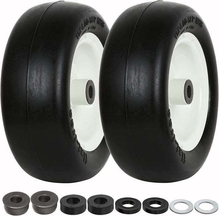 11x4.00-5 Flat Free Lawn Mower Tire, 3.4"-4"-4.5"-5" Centered Hub, 3/4" or 5/8" Bushings, 11x4-5 Tractor Turf Tire with Rim, 300lbs Capacity, Set of 2 WEIZE