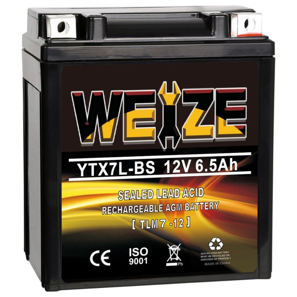 WEIZE YTX7L-BS 12V 6.5Ah High Performance - Maintenance Free - Sealed AGM 100CCA ATV Motorcycle Battery compatible with Honda Kawasaki Suzuki WEIZE