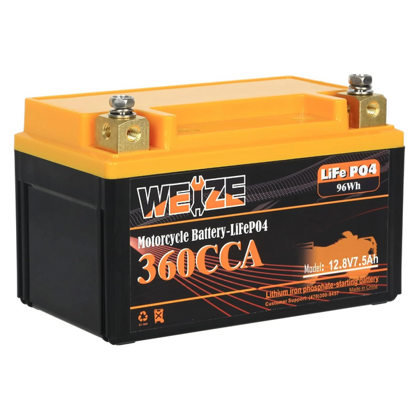Weize YTX14-BS Lithium Battery, 360CCA, Built-in Smart BMS, 12 Volt 7.5AH YTX9-BS Lithium LiFePO4 Motorcycle Battery, YTX12-BS ATV Battery Compatible with Honda Suzuki Yamaha WEIZE