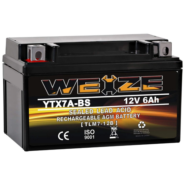 WEIZE YTX7A-BS 12V 6Ah High Performance - Maintenance Free - Sealed AGM Motorcycle Battery compatible with Gas Gy6 Scooter Moped 50CC 125CC WEIZE