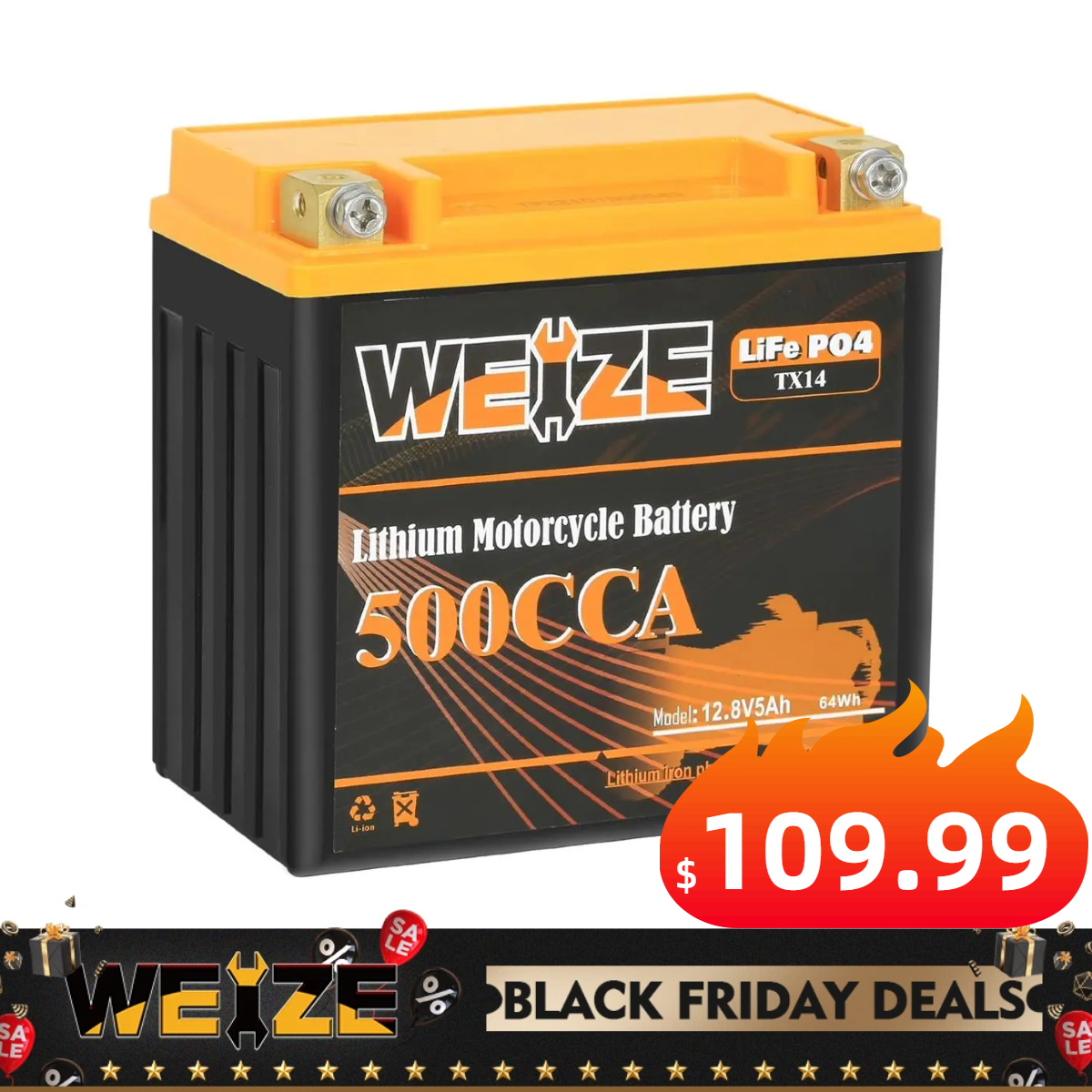 Weize YTX14-BS Lithium Motorcycle Battery, 12V 5AH 500A Group 14 LiFePO4 Powersport Battery Compatible with ATV, UTV, Jet Ski, Snowmobile, Seadoo, Polaris, Generator and Riding Lawn Mower