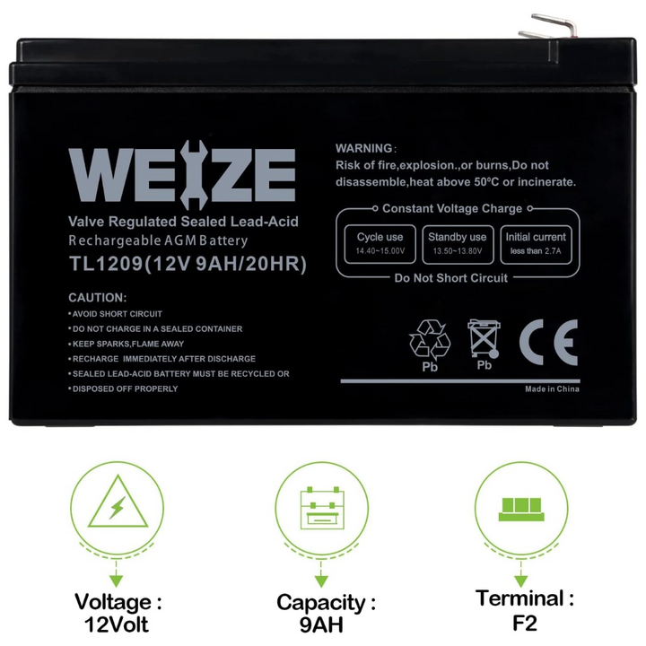 2-PACK 12V 9AH Sealed Lead Acid Battery with F2 Terminals, Rechargeable Replaces 12 Volt 8AH 10AH for Razor e200 / e200s / e225 / e300, APC UPS Computer Backup Power (BX1300LCD) WEIZE