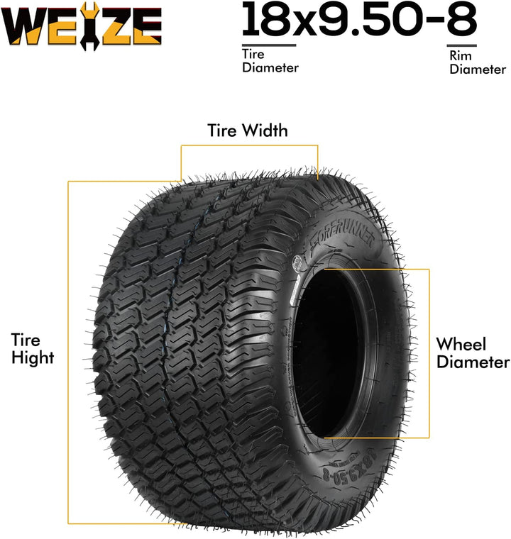 18X9.50-8 Lawn Mower Tire, 18X9.5-8 Tractor Turf Tire, 4 ply Tubeless, 1040lbs Capacity, Set of 2 WEIZE