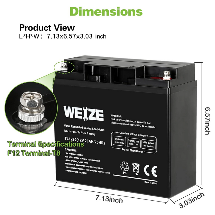 WEIZE 12V 20AH Lead Acid Battery Replace UB12200 FM12200 6fm20 EXP12200 12V 20AH 22AH Batteries WEIZE