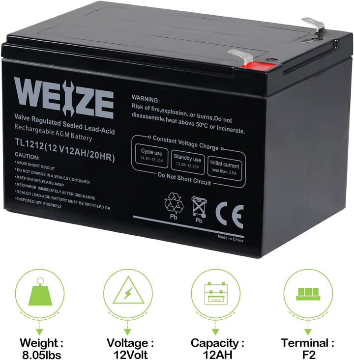 12 Volt 12AH SLA Rechargeable Battery Replace UB12120, EXP1212, 6FM12, LHR12-12, GPS12-12, F2 (2-PACK) WEIZE
