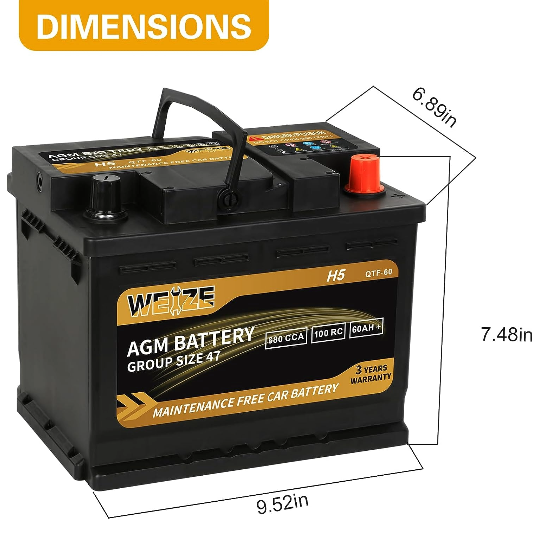 Weize Platinum AGM Battery BCI Group 47-12v 60ah H5 Size 47 Automotive Battery, 100RC, 680CCA, 36 Months Warranty WEIZE