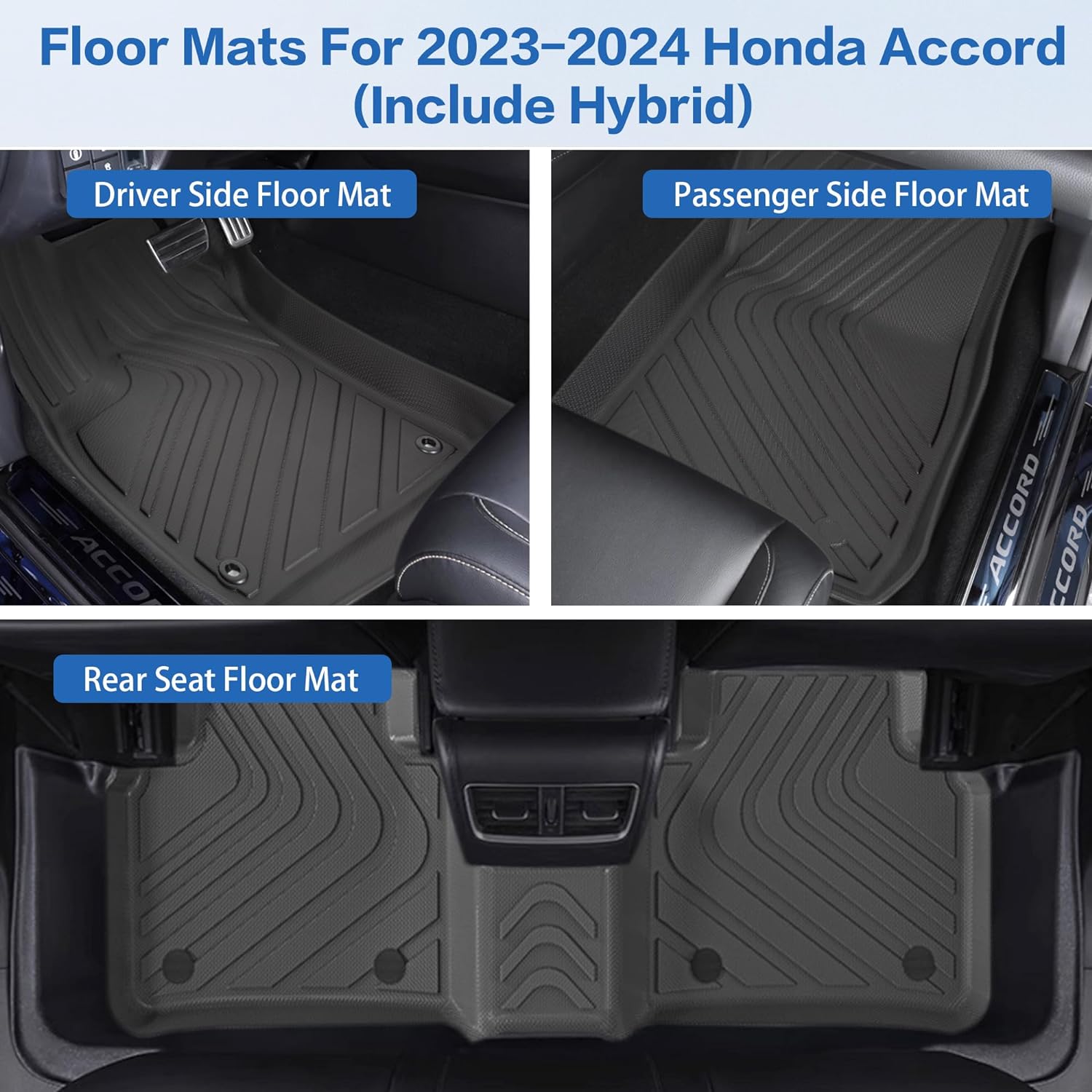 WEIZE Floor Mats for Honda Accord Sedan (Include Hybrid) 2023-2024, All Weather Front & 2nd Row Liner TPE Car mats, Set of 3 Mats WEIZE