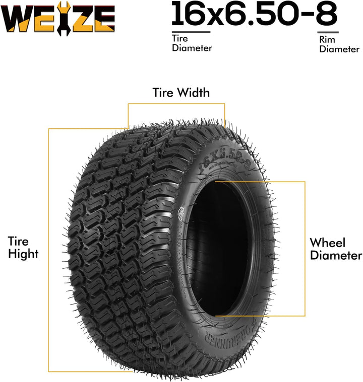 16x6.50-8 Lawn Mower Tire, 16x6.5-8 Tractor Turf Tire, 4 ply Tubeless, 620lbs Capacity, Set of 2 WEIZE