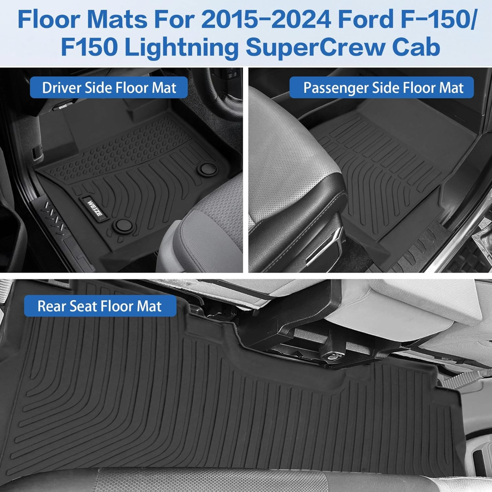 WEIZE Floor Mats Fit for Ford F-150/ F150 Lightning SuperCrew Cab 2015-2024 (Not Fit Rear Seat with Under-Seat Fold Flat Storage) 1st & 2nd Row Seat All-Weather TPE Floor Liner, Black WEIZE