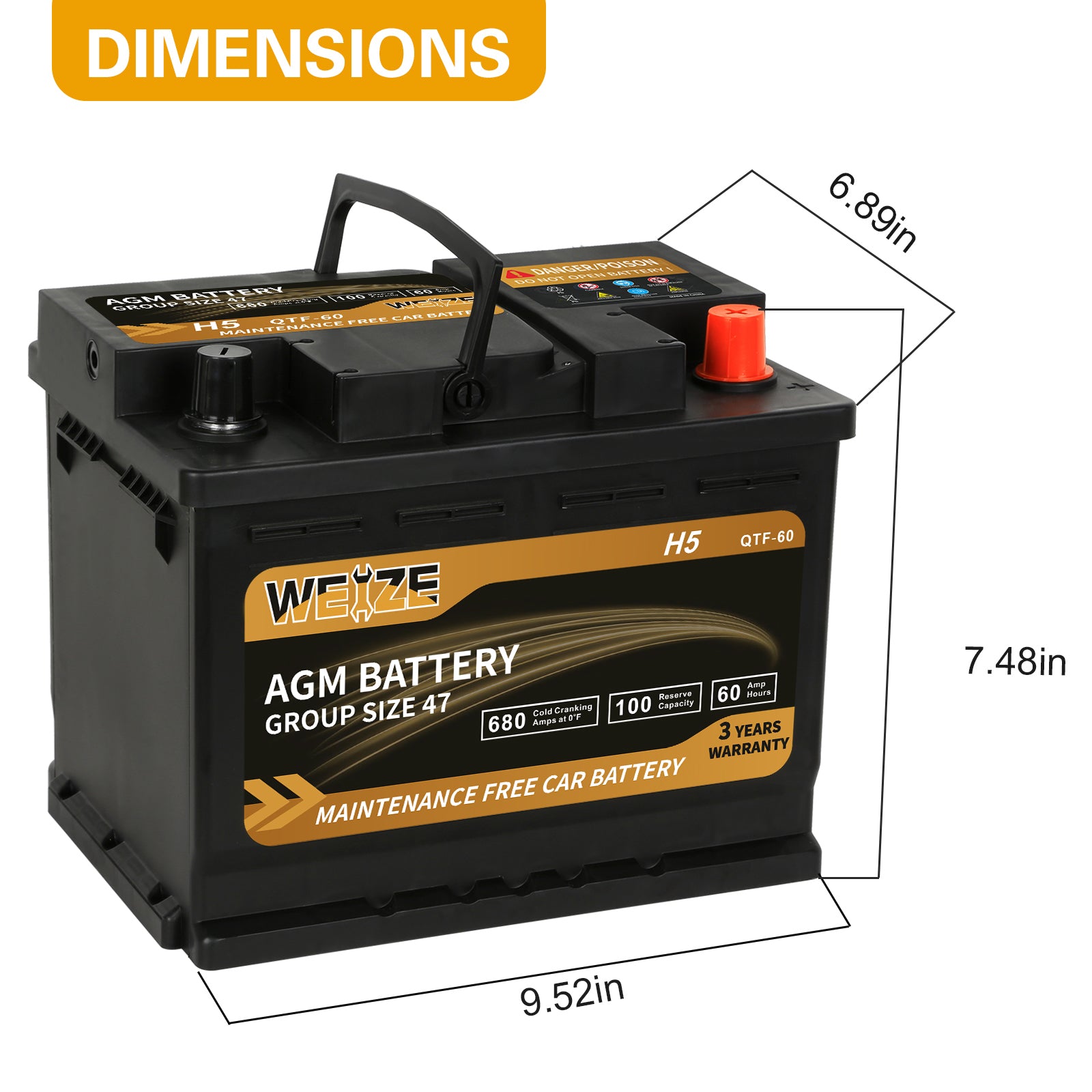 47 Battery Car Battery - WEIZE Platinum AGM Battery BCI Group 47