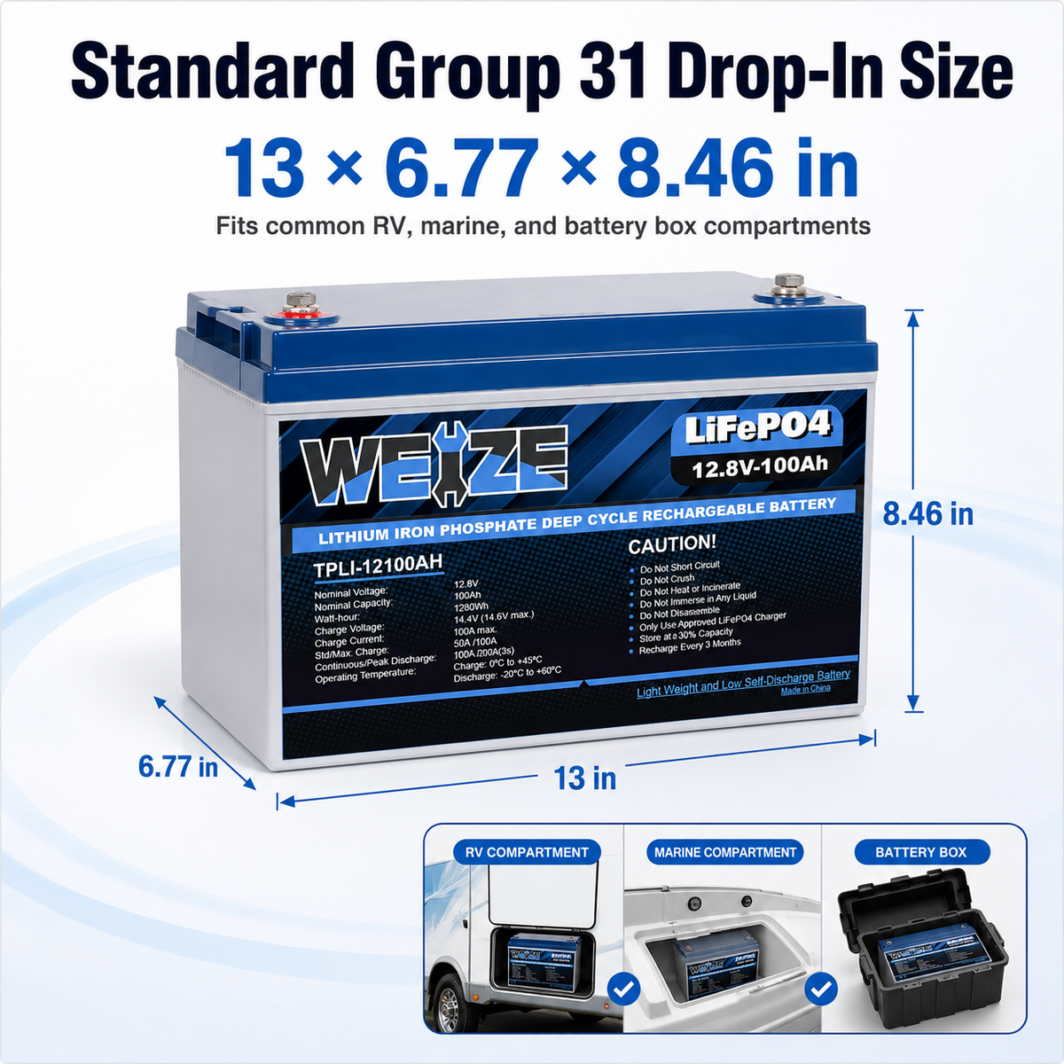 WEIZE LiFePO4 Lithium Battery 12V 100Ah丨BMS 8000+ Deep Cycles