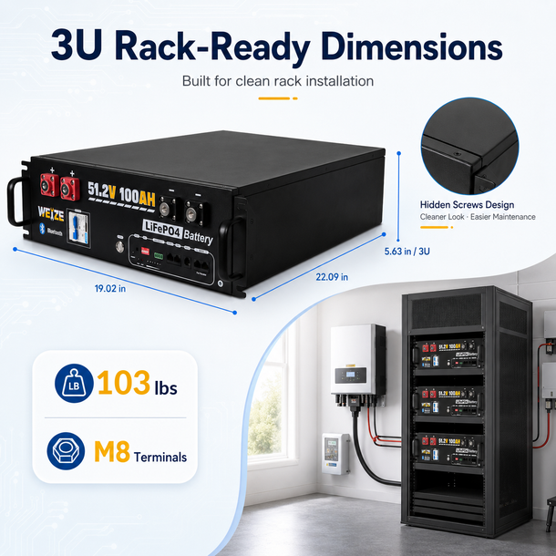LiFePO4 Lithium Battery: WEIZE 51.2V 100Ah, Built-in 100A Smart BMS