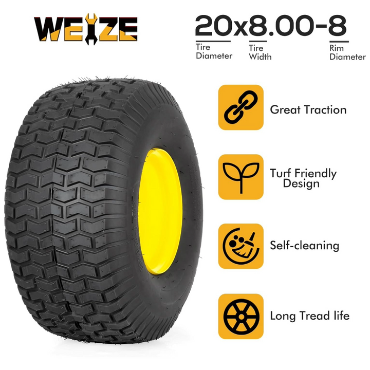 WEIZE 20x8.00-8 Rear Tire with Wheel Assembly Replacement for John Deere Riding Mowers, 3.48" Offset Hub, 0.757" Bushing with 0.197" Keyway, 20x8-8 20x8x8 Turf Tire, 4 Ply, 965lbs Capacity, Set of 2 WEIZE