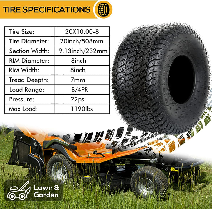 20x10.00-8 Lawn Mower Tire, 20x10-8 Tractor Turf Tire, 4 ply Tubeless, 1190lbs Capacity, Set of 2 WEIZE