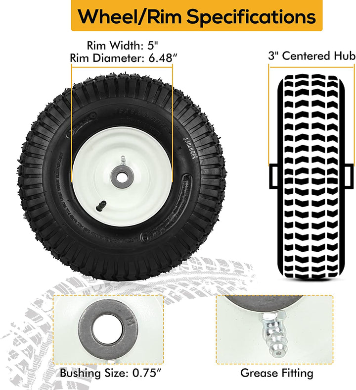 15x6.00-6 Lawn Mower Tires with Tube and Rim, 15x6-6 Tractor Turf Tire, 3" centered Hub, 0.75" Bushing, 4 Ply, 400lbs Capacity, Set of 2 WEIZE