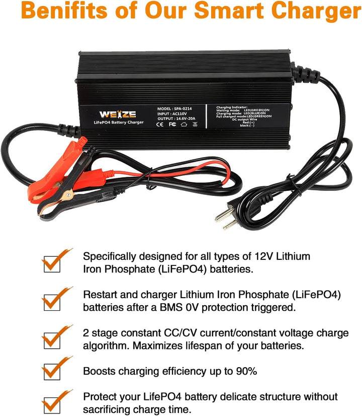 14.6V 20A LiFePO4 Battery Charger, Intelligent AC-DC LiFePO4 Lithium Battery Smart Charger for 12V Lithium Iron Phosphate Batteries, Support Fast Charging WEIZE