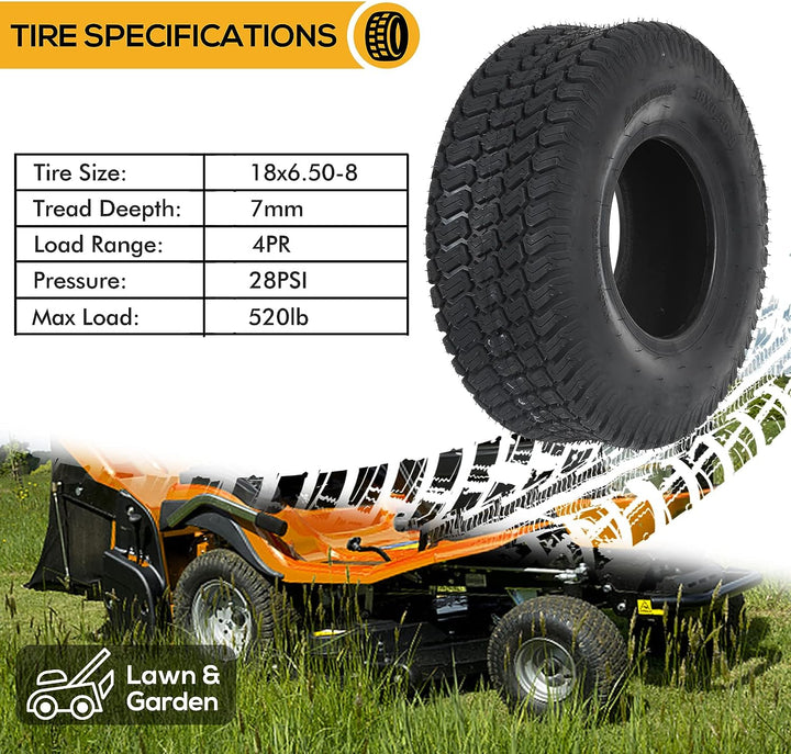 18x6.50-8 Lawn Mower Tire, 18x6.5-8 Tractor Turf Saver Tire, 4 ply Tubeless, 520lbs Capacity, Set of 2 WEIZE