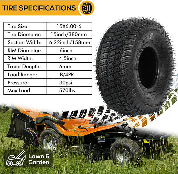 15x6.00-6 Lawn Mower Tire, 15x6-6 Tractor Turf Tire, 4 ply Tubeless, 570lbs Capacity, Set of 2 WEIZE