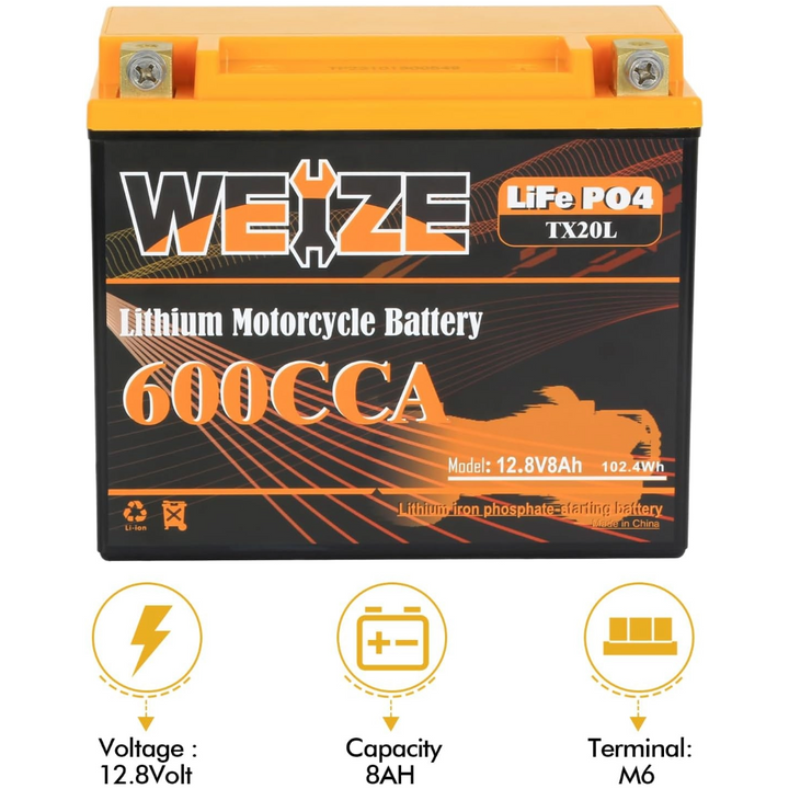 Weize Lithium YTX20L-BS, Group 20, 600A LiFePO4 Motorcycle Battery, 12V 8AH ATV, UTV, Jet Ski, 4 Wheeler, Snowmobile, Personal Watercraft, Seadoo, Polaris, Generator and Riding Lawn Mower Battery WEIZE