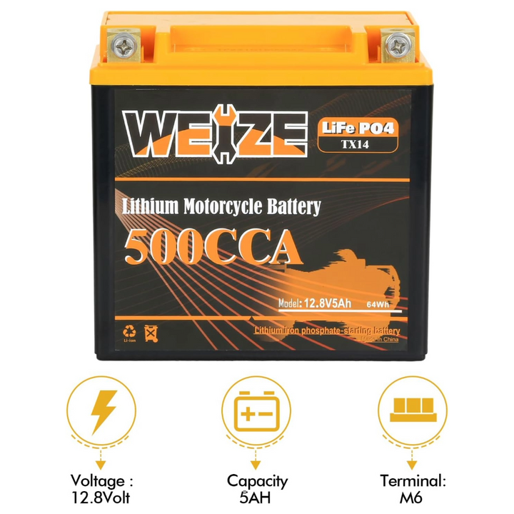WEIZE 12V 5AH Lithium YTX14-BS, Group 14, 500A LiFePO4 Motorcycle Battery, ATV, UTV, Jet Ski, 4 Wheeler, Snowmobile, Personal Watercraft, Seadoo, Polaris, Generator and Riding Lawn Mower Battery WEIZE