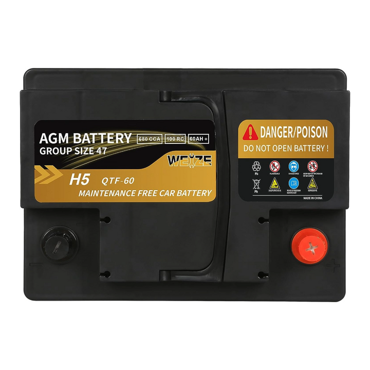 Weize Platinum AGM Battery BCI Group 47-12v 60ah H5 Size 47 Automotive Battery, 100RC, 680CCA, 36 Months Warranty WEIZE